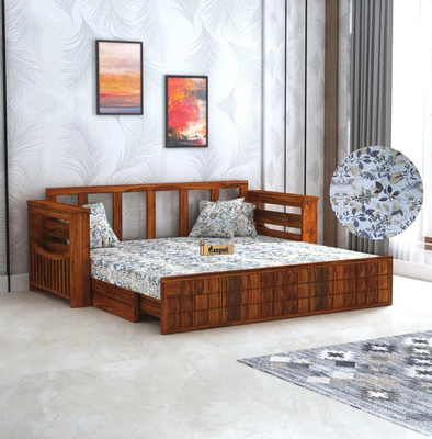 Ganpati Arts Sheesham Wood Diamond with Floral Fabric & Side Pocket 3 Seater Double Solid Wood Pull Out Sofa Cum Bed(Finish Color - Natural 1 Delivery Condition - DIY(Do-It-Yourself))