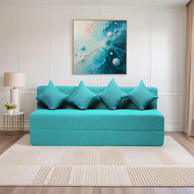 Flipkart Perfect Homes 4 Seater 6*6 Jute Fabric Washable Cover Sofa cum Bed with 4 Same Cushion 4 Seater Double Foam Fold Out Sofa Cum Bed(Finish Color - Sky Blue Delivery Condition - Pre-assembled)