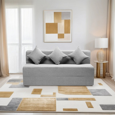 Comfort Mantra 4 Seater 6*6 Jute Fabric Washable Cover Sofa cum Bed with 3 Cushions 4 Seater Double Foam Fold Out Sofa Cum Bed(Finish Color - Light Grey Delivery Condition - Pre-assembled)