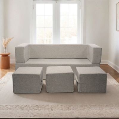 Seventh Heaven 72x60x14 inch Jute Fabric with 3 Puffy 3 Seater Double Foam Fold Out Sofa Cum Bed(Finish Color - Light Grey Delivery Condition - Pre-assembled)