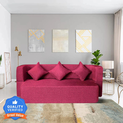 Seventh Heaven 72x36x14 inch Jute Fabric with 3 Cushions 3 Seater Single Foam Fold Out Sofa Cum Bed(Finish Color - Maroon Delivery Condition - Pre-assembled)