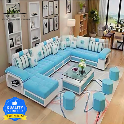 Homeify Carlo 9 Seater Fabric Sofa Set with 4-Puffy Convertible Sofa Set for Living Room Fabric 3 + 3 + 2 + 2 Sofa Set(Light Blue, Pre-assembled)