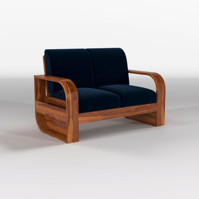 DIVESHIKA ART Sheesham Wood Two Seater Sofa With Round Leaf Style Arms & Side Pocket Storage | Fabric 2 Seater  Sofa(Finish Color - Natural With Blue, DIY(Do-It-Yourself))
