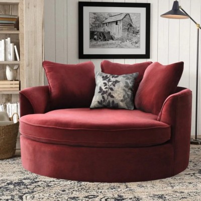 Smarts collection Wooden Modern Round Accent Sofa Barrel Chair With 3 Pillows Fabric 2 Seater  Sofa(Finish Color - RED, Pre-assembled)