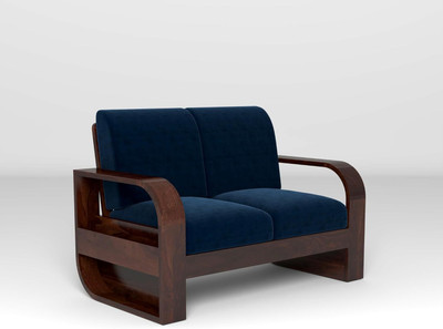 DIVESHIKA ART Sheesham Wood Two Seater Sofa With Round Leaf Style Arms & Side Pocket Storage | Fabric 2 Seater  Sofa(Finish Color - Walnut With Blue, DIY(Do-It-Yourself))