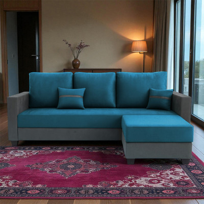 FURNY Aura 3 Seater Fabric Sofa Set with Ottoman for Living Room Fabric 3 Seater  Sofa(Finish Color - Aqua Blue-Dark Grey, DIY(Do-It-Yourself))