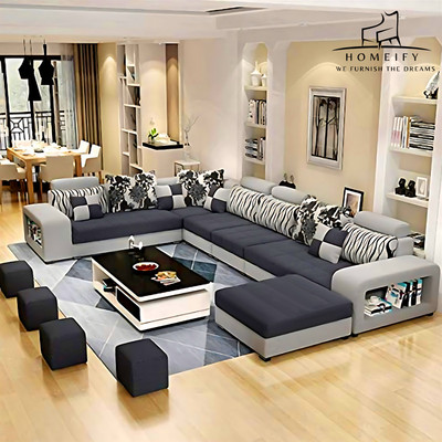Homeify Carlo 9 Seater Fabric Sofa Set with 4-Puffy Convertible Sofa Set for Living Room Fabric 9 Seater  Sofa(Finish Color - Black, DIY(Do-It-Yourself))