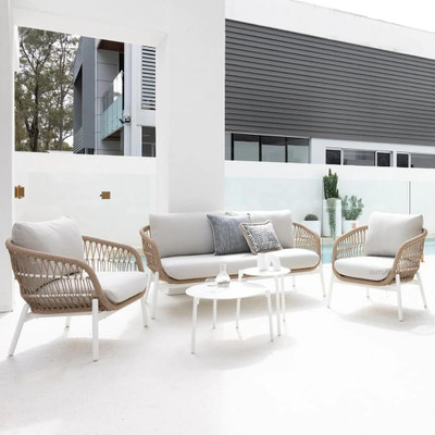 Mymigos 4 Seater Outdoor Braid & Rope Patio Sofa Set with Round Table, Woven Rattan Sofa Fabric 4 Seater  Sofa(Finish Color - Beige, DIY(Do-It-Yourself))