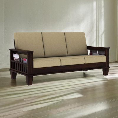 Taskwood Furniture Solid Wooden Fabric With Cushions For Living Room / Cushion- Cream Fabric 3 Seater  Sofa(Finish Color - Warm Walnut, DIY(Do-It-Yourself))