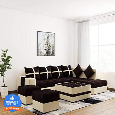 Kendalwood Furniture 8 Seater Sofa Set, 2 Ottoman, 6 pillow With Coffee Table Fabric 3 + 2 + 2 + 1 Sofa Set(Brown & Cream, Pre-assembled)