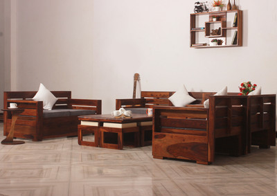 Sheesham Craft MirageMingle Handcrafted Sheesham Wood Sofa- Space-Efficient,Easy Assembly Fabric 3 + 3 + 2 + 2 Sofa Set(Natural Honey Oak, Knock Down)