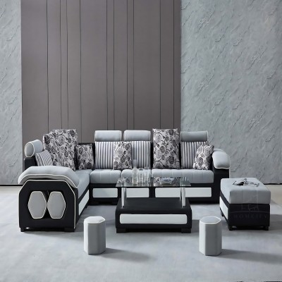 Homeify Carlo 9 Seater Fabric Sofa Set with 4-Puffy Convertible Sofa Set for Living Room Fabric 3 + 2 + 2 + 1 Sofa Set(Light Grey & Black, Pre-assembled)