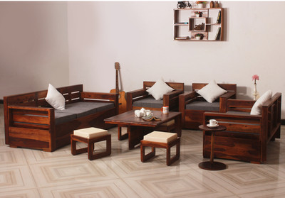 Sheesham Craft MirageMingle Handcrafted Sheesham Wood Sofa- Space-Efficient,Easy Assembly Fabric 3 + 2 + 1 Sofa Set(Natural Honey Oak, Knock Down)