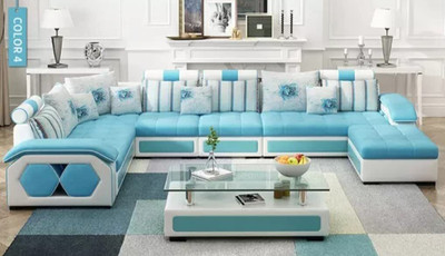 Torque Silvester U Shape 9 Seater Fabric Sofa Set with 4 Puffy (Light Blue) Fabric 3 + 2 + 2 + 1 Sofa Set(Light Blue, DIY(Do-It-Yourself))