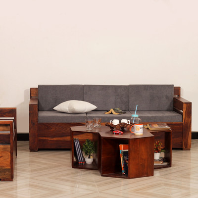 Sheesham Craft MirageMingle Handcrafted Sheesham Wood Sofa- Space-Efficient,Easy Assembly Fabric 3 + 2 + 2 Sofa Set(Natural Honey Oak, Knock Down)