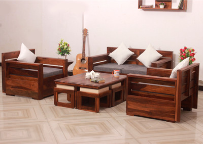 Sheesham Craft MirageMingle Handcrafted Sheesham Wood Sofa- Space-Efficient,Easy Assembly Fabric 2 + 1 + 1 Sofa Set(Natural Honey Oak, Knock Down)