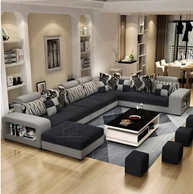 Homeify Carlo 9 Seater Fabric Sofa Set with 4-Puffy Convertible Sofa Set for Living Room Fabric 3 + 2 + 2 + 1 Sofa Set(Black, Pre-assembled)