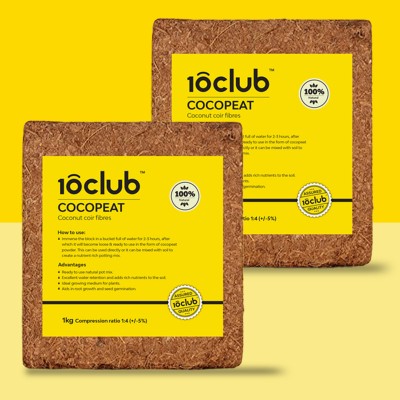 10club Cocopeat for Garden (1kg Block, Pack of 2) | Nutrient Rich | Expands Upto 5kg Manure(2 kg, Cake)