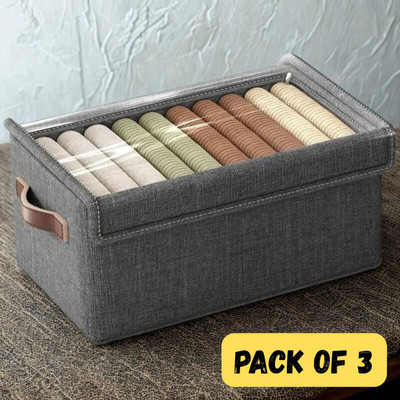 AshmakamMart 3 Pcs Storage Box with Lid, Stylish Organizer Set for Wardrobe Polyester Laundry Bag(Gray)