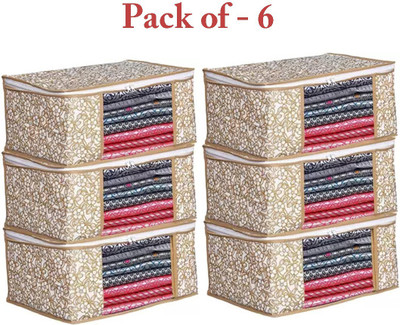 STORAZE Set of 6 Printed Non Woven Fabric Saree Cover/Clothes Organiser For Wardrobe Set Polyester Laundry Bag(Gold)