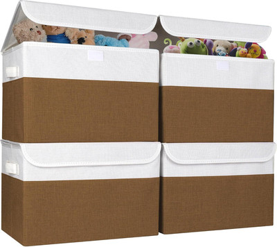ZOVIRA Storage Boxes with Lids, Foldable Fabric Organizer Bins with Handles, Polyester Laundry Bag(Brown)