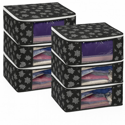 Fusion World Cloth Organizer Pack of 6 Cloth Organizer Pack of 6 - Space-Saving Fabric Storage for Wardrobe & Closet BlackPCKOF6(Black)