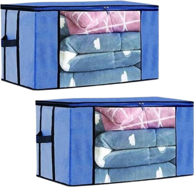 ANABIYA Wardrobe Organizer Storage Bag With Zipper And Side Handles (Blue ,Pack-2) Polyester Laundry Bag(Blue)