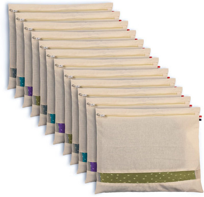 SHOPOWARE Cotton Saree Bags/Covers For Storage Big Size Single (16 X 14 Inches) With Zip Closure For Clothes Bags And Wardrobe Organizer With Transparent Mesh Window Set Of - 12(Beige)