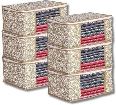 Viskri set of 6 Non- Woven beige Print Fabric Saree Cover/Clothes Organiser Polyester Laundry Bag(Beige)