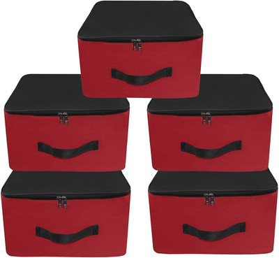 SH NASIMA 5 Pack Nylon Underbed Moisture Proof Wardrobe Organizer Storage Bag for clothes with Zipper Closure and Handle Square – (Red & Black, 38.1x25.4x35.5 cm) Poly-canvas Laundry Bag(Red, Black)