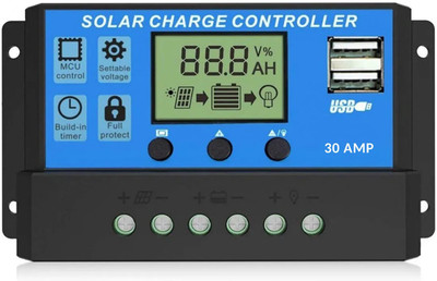 AMITOM 30A,12V/24V ABS Panel Charger Battery Regulator Dual USB LCD Display Pack of 1 PWM Solar Charge Controller