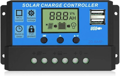 AMITOM 20A,Intelligent Battery Regulator for Panel LCD Display with USB Port 12V/24V PWM Solar Charge Controller