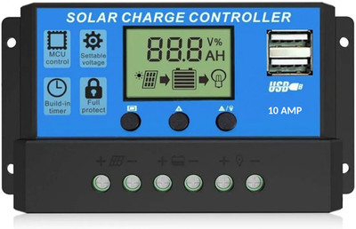 AMITOM 10A 12V/24V ABS Panel Charger Battery Regulator Dual USB LCD Display Pack of 1 PWM Solar Charge Controller