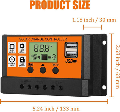 Adiohub 30 A Solar Charge Controller 12V/ 24V Solar Panel Charge Intelligent Regulator PWM Solar Charge Controller