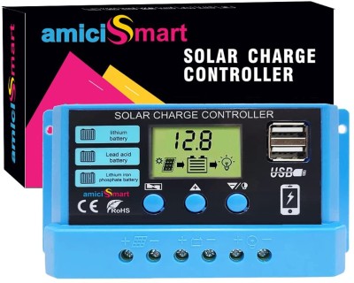 amiciSmart Solar Charger Controller 10A, Intelligent Battery Regulator for Solar Panel LCD Display with USB Port 12V/24V PWM Solar Charge Controller
