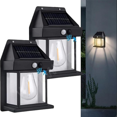 ZESTRUM Pack of 2 Tungsten Bulb led Solar Outdoor Garden Wall Light with Sensor Wireless Solar Light Set(Wall Mounted Pack of 2)
