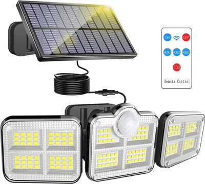 KH Solar Light Outdoors, 3 Heads Solar Motion Sensor with Remote Control, 122 LED Solar Light Set(Wall Mounted Pack of 1)