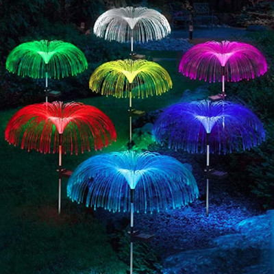 BBBIKINI 2Pcs Solar Garden Lights Jellyfish Shape Fiber Outdoor LED Solar String Lights Solar Light Set(Free Standing Pack of 1)