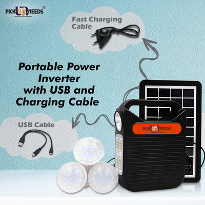 Pick Ur Needs Emergency Portable Inverter with 3 Individual 6 Volt LED Hanging Bulbs with 3.75 m Long Wire and AC/DC USB Socket with USB Wire for Mobile Charging with Solar Panel Solar Light Set(Free Standing Pack of 1)