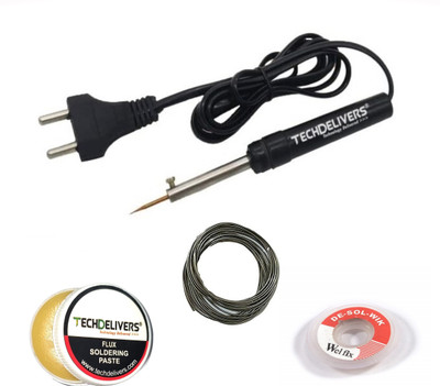 TECHDELIVERS 8 watt Soldering Iron Kit | Soldering Wire | Soldering Paste | Desolder Wick 8 W Simple(Pointed Tip)