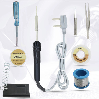 Hillgrove 8in1 Beginners Complete 30W Soldering Iron Kit with 5 Meter Solder Wire, Stand, Flux, Bit, Tester, Tweezer, Wick 30 W Simple(Flat, Pointed Tip)