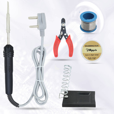 Hillgrove 5in1 Beginners Complete 30W Soldering Iron Kit | 5 Meter Soldering Wire | Soldering Flux | Stand | Wire Cutter 30 W Simple(Flat Tip)