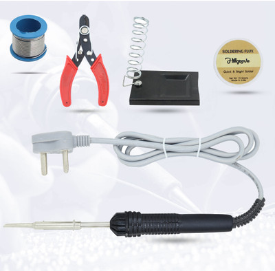 Hillgrove 5In1 Basic Complete 30W Soldering Iron Kit | 5 Meter Soldering Wire | Soldering Flux | Stand | Wire Cutter 30 W Simple(Flat, Pointed Tip)