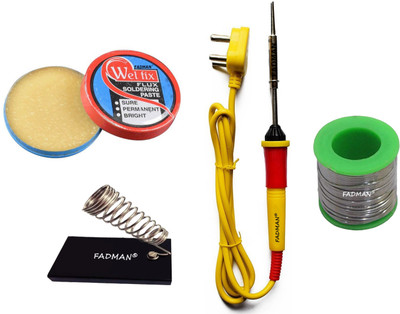 FADMAN Beginner Basic Soldering Iron Kit Pack-4 | Soldering Flux | Solder Wire | Stand | Yellow Soldering Iron 25 W Simple(Flat Tip)