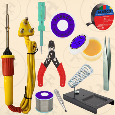 Aldeco Essential 10 Tool Soldering Iron Kit with Cutter,Tape and Helping Items 25 W Simple(Flat Tip)