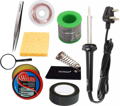 FADMAN SOLDERING IRON 60W (BLACK) | SOLDERING PASTE FLUX | SOLDER WIRE | SOLDERING IRON STAND | SPONGE | HARDWARE TAPE | DESOLDERING WICK | TWEEZER | MAGNIFYING GLASS | 60 W Simple(Flat Tip)