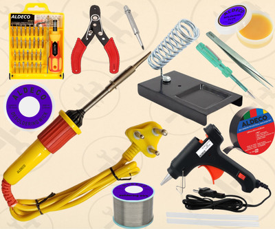 Aldeco Set of 14 Combo Soldering Iron Kit with 2in1 Screw Driver & Other Utility Tools 25 W Simple(Flat Tip)
