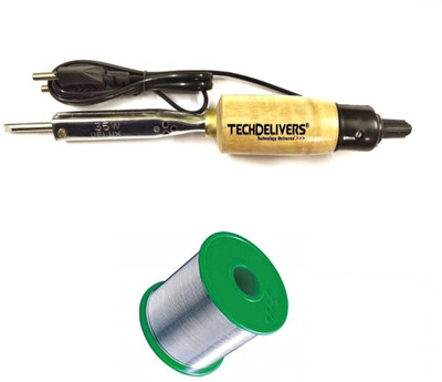 TECHDELIVERS Solder Iron 35Watt Wooden Handle with Solder Wire Reel 35 W Simple(Flat Tip)
