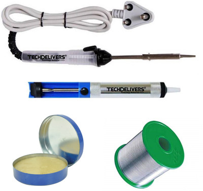 TECHDELIVERS 25w Soldering Iron Kit | Desoldering Pump | Soldering Wire Reel | Solder Paste 25 W Simple(Round Tip)