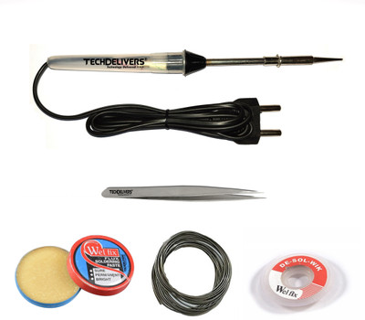 TECHDELIVERS 15 Watt Soldering Iron Kit Set|Soldering Wire|Solder Paste|Desolder Wick|Tweezer 15 W Simple(Pointed Tip)